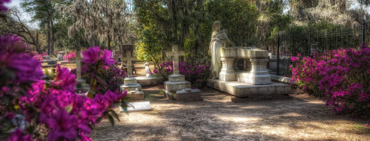 The Talioferro Monument in Bonaventure, surrounded by Azaleas