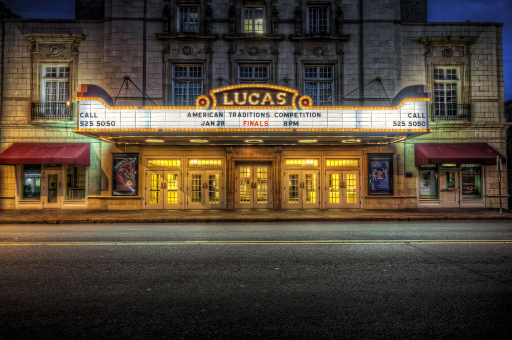 The outside view of the Lucas Theatre, as seen from enar Reynolds Square