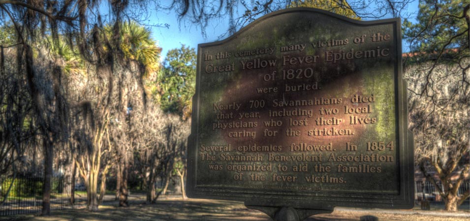 The historic marker, in Colonial Park Cemetery, for the Yellow Fever mass grave that can be found here..