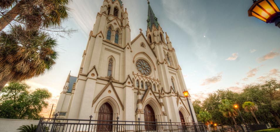 The view of the cathderal of St. John the Baptist from Lafayette Square.